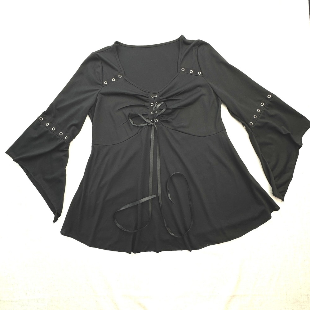 Bell Sleeve Top Womens Large Black Lace Up Grommet Gothic Mall Goth